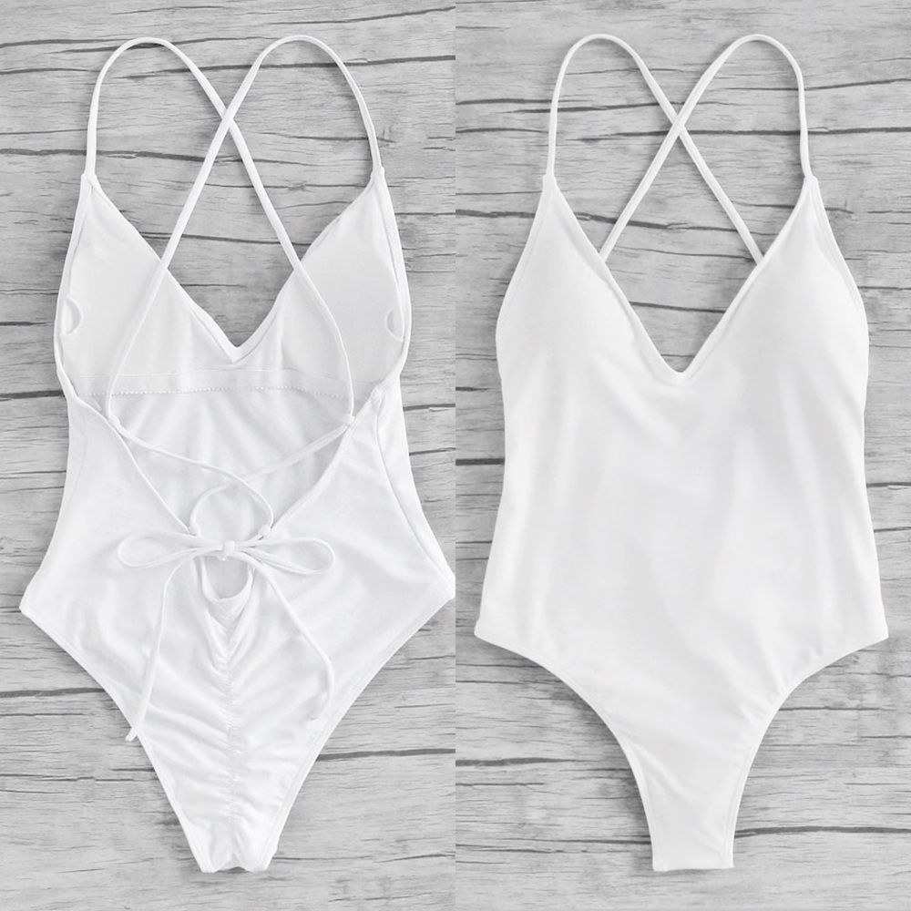 Ruched butt swimsuit white one piece swim - Picture 2 of 2